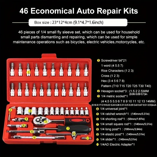 46pcs Car Repair Tool Kit  Ratchet Torque Wrench Spanner Screwdriver Socket Set Combo Tools Kit Bicycle Auto Repairing Tool Mech